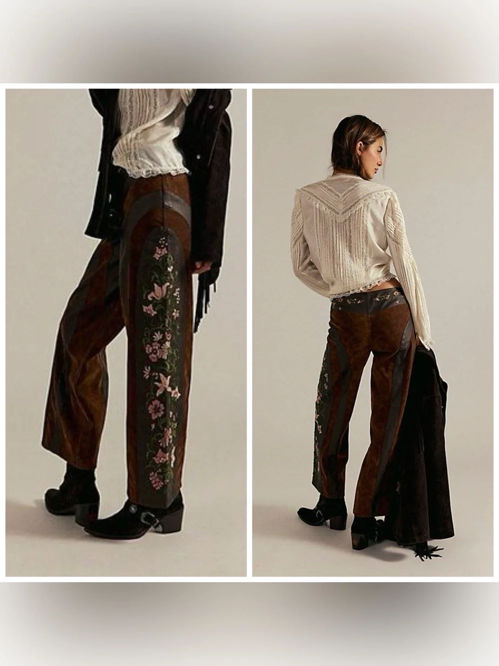 Free People We The Free Belle Embroidered Vegan Leather Brown Pants Floral Sz 10